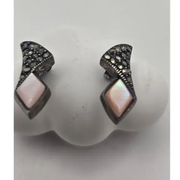 Vintage Sterling Mother of Pearl & Marcasite Earrings - Picture 2 of 5